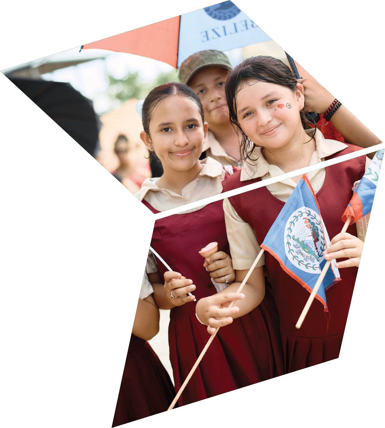 Four girls holding flags and umbrellas. Description generated by AI