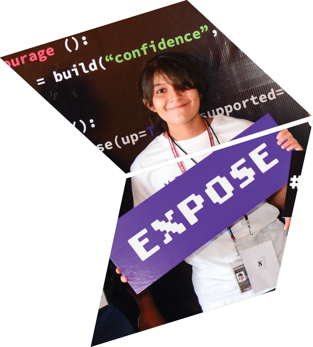 Three girls holding up signs that say “Expose" and "Girls in Tech". Description generated by AI