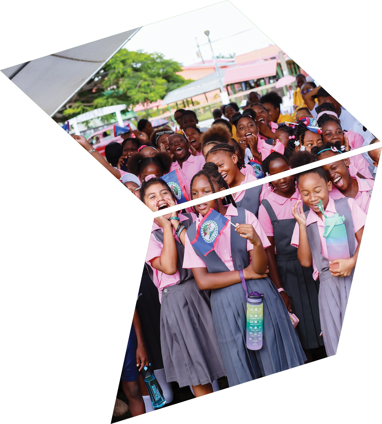 A group of children wearing pink and white uniforms. Description generated by AI