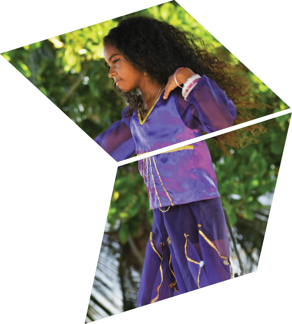 A young girl wearing a purple dress is dancing. Description generated by AI