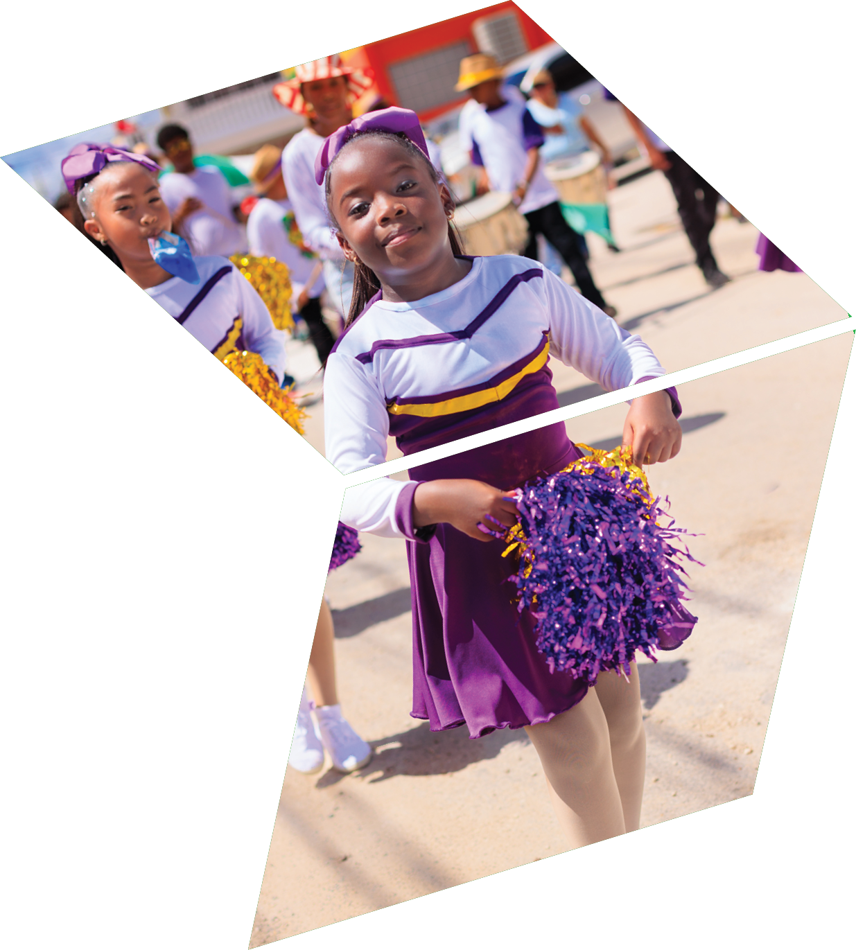 A young girl wearing a purple and white cheerleading outfit and holding a purple and white pom pom. Description generated by AI