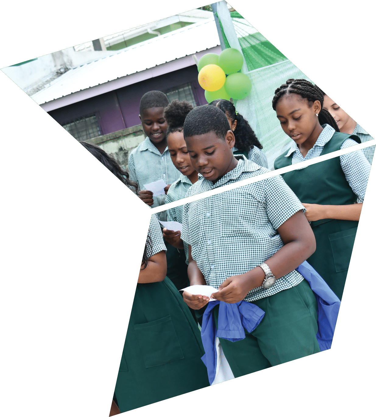 A group of young people wearing green and white uniforms. Description generated by AI