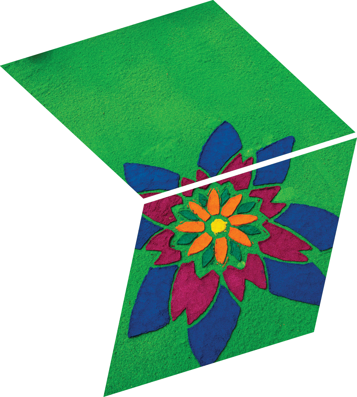 A green field with a blue and orange flower design. Description generated by AI